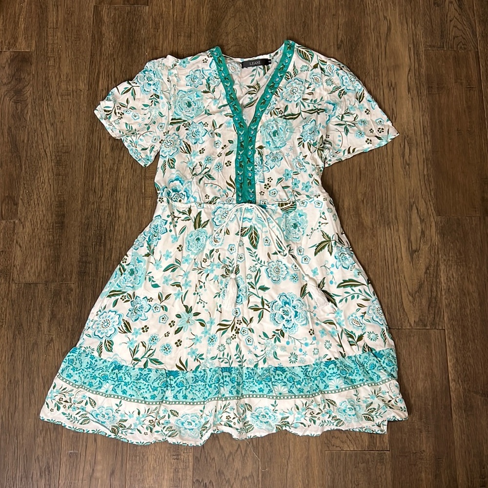 Paisley mini dress with waist drawstring